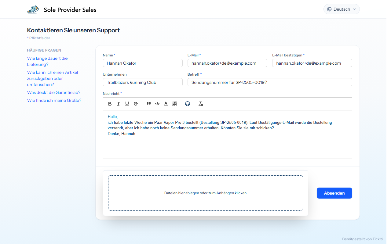 Das mit einer Lieferanfrage ausgefüllte Formular: Name, E-Mail, Unternehmen, Betreff und ein ausführlicher Absatz im Nachrichtenfeld