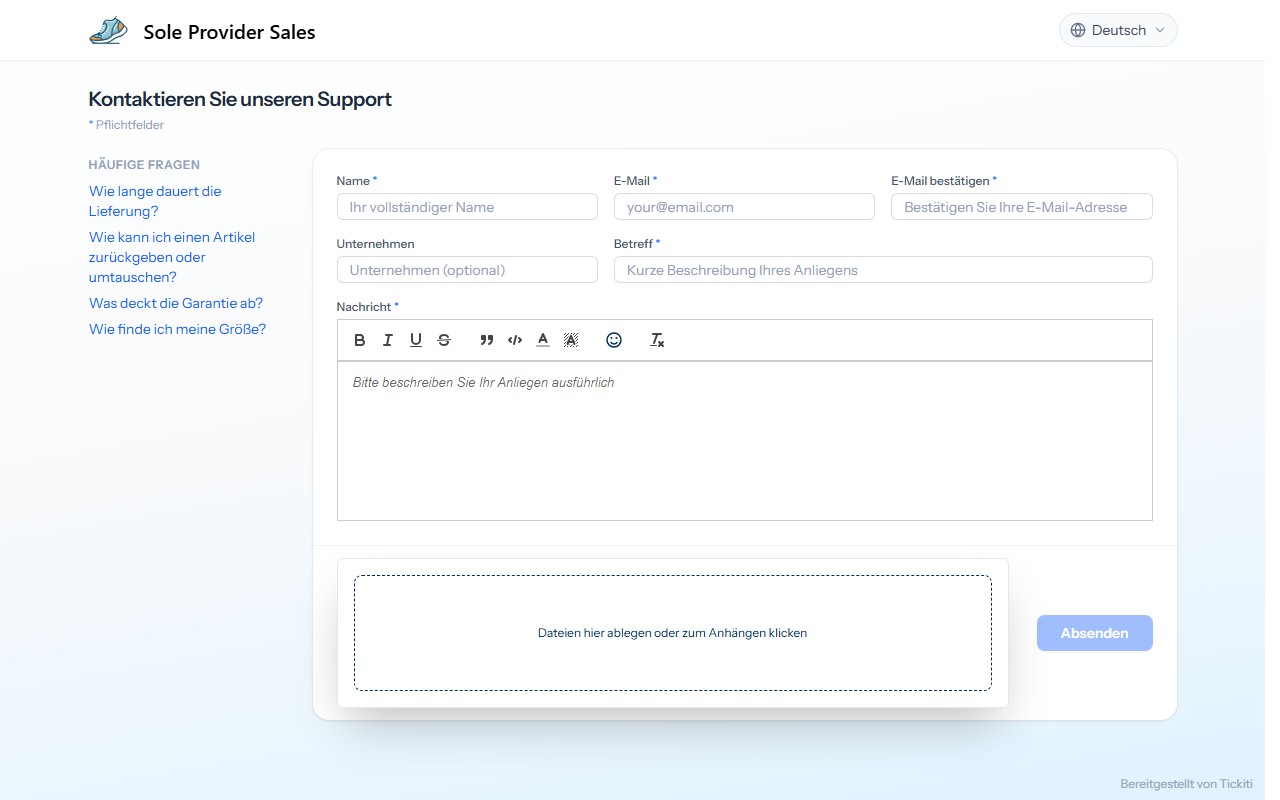 Die Support-Seite von Sole Provider Sales: links häufig gestellte Fragen, rechts ein Formular mit Feldern für Name, E-Mail, Unternehmen, Betreff und Nachricht sowie einem Ablagebereich für Anhänge