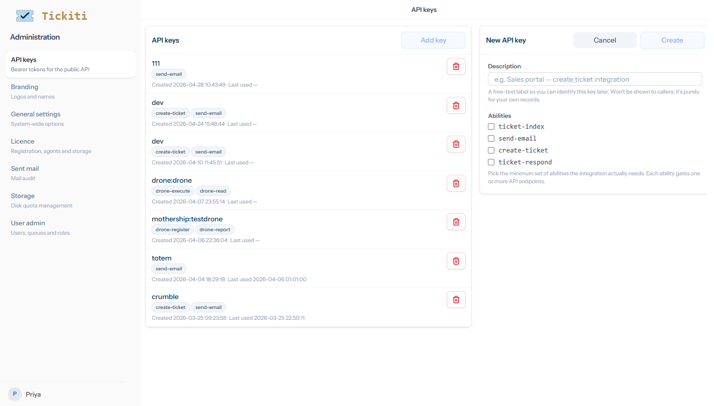 The new API key form with a description input and four ability checkboxes: ticket-index, send-email, create-ticket, ticket-respond