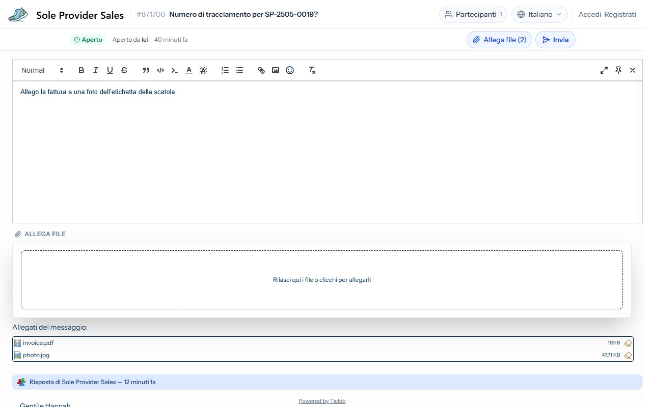 Una risposta aperta su un ticket, con il pulsante Allega file che indica due file, l'area di rilascio tratteggiata sotto l'editor e i file invoice.pdf e photo.jpg elencati sotto