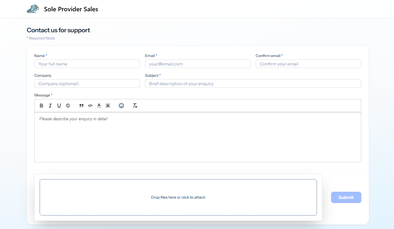 The Sole Provider Inc support form with name, email, subject and message fields, plus an attachment dropzone