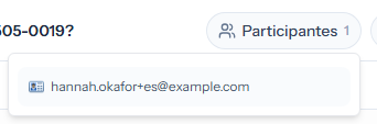 El botón Participantes en la parte superior del ticket, con el panel abierto debajo que muestra la dirección de correo electrónico del participante
