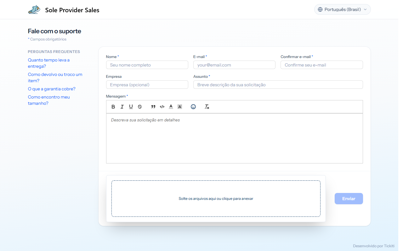 A página de suporte da Sole Provider Sales: perguntas frequentes à esquerda e um formulário com os campos de nome, e-mail, empresa, assunto e mensagem e uma área para soltar anexos