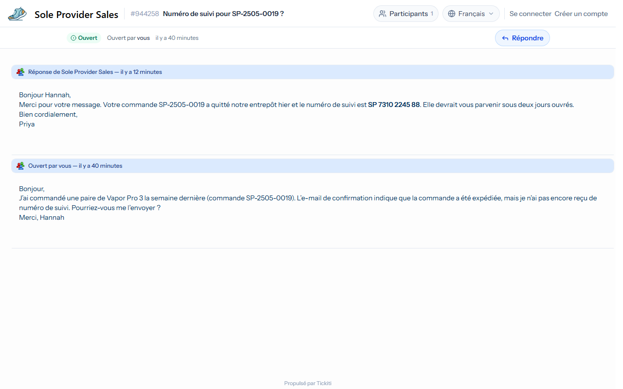 La vue client d’un ticket chez Sole Provider Sales : la réponse de l’équipe d’assistance en haut, le message initial du client en dessous, le statut Ouvert et un bouton Répondre