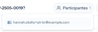 O botão Participantes no topo do chamado, com o painel aberto logo abaixo listando o endereço de e-mail do participante
