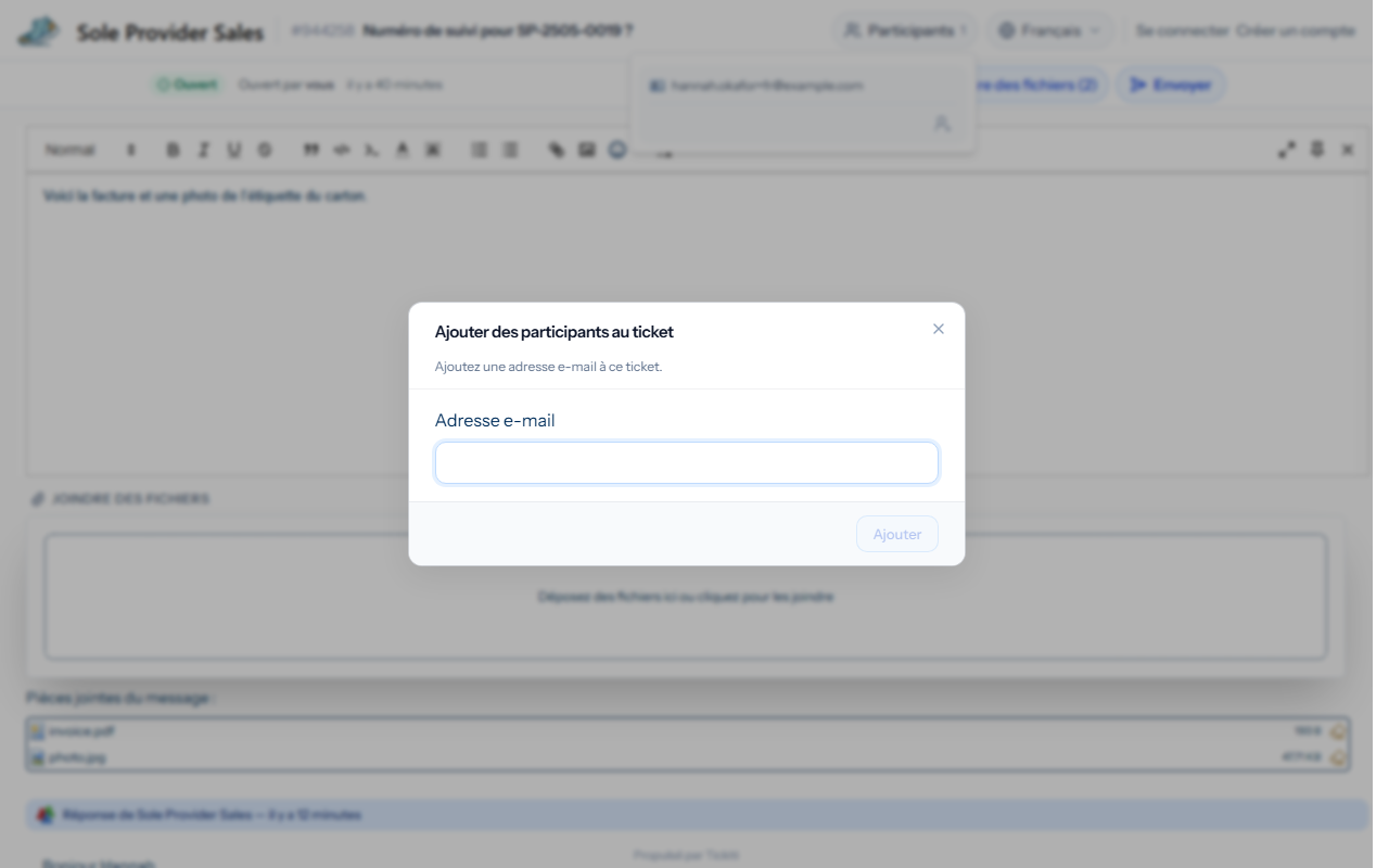 La boîte de dialogue d’ajout d’un participant au ticket, avec un champ d’adresse e-mail