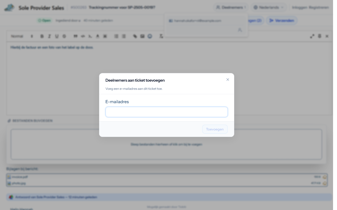 Het venster voor het toevoegen van een deelnemer aan het ticket, met een veld voor het e-mailadres