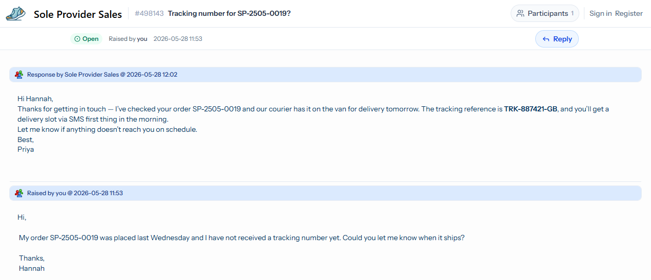 The customer-facing view of ticket #498143 — the Sole Provider Sales support page showing the support team's reply at the top, the customer's original message below, the Open status, and a Reply button