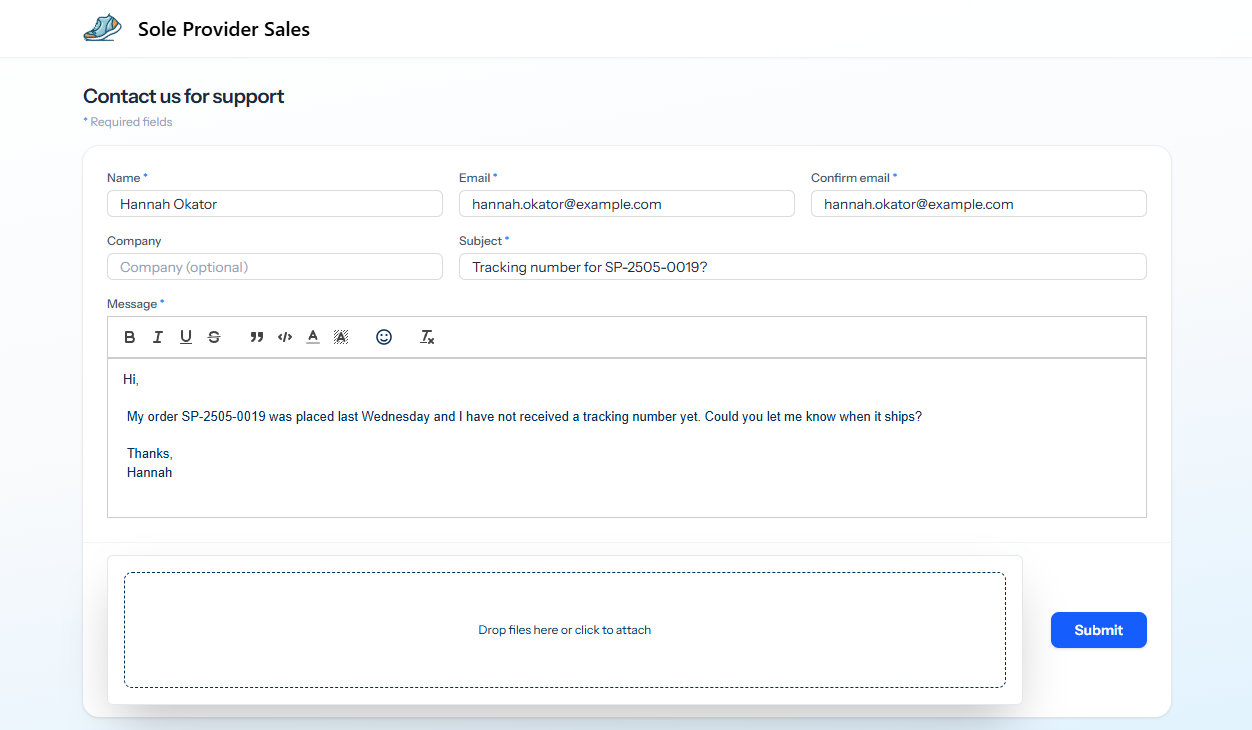 The form filled in with a tracking enquiry — name, email, subject and a paragraph of context in the message body