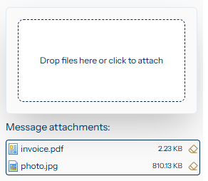 The attachment dropzone with two attachment chips below it &mdash; invoice.pdf and photo.jpg &mdash; each with a remove button on the right