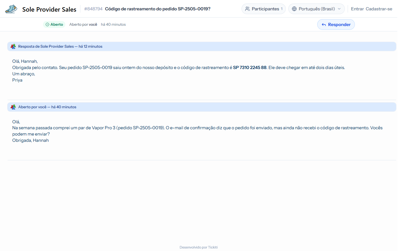 A visão do cliente de um chamado na Sole Provider Sales: a resposta da equipe de suporte no topo, a mensagem original do cliente abaixo, o status Aberto e um botão Responder