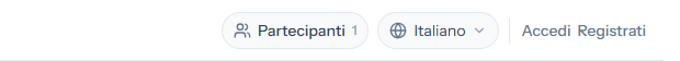 La parte superiore di un ticket aperto senza accedere: il pulsante Partecipanti con il numero dei partecipanti, accanto al menu della lingua e ai link Accedi e Registrati