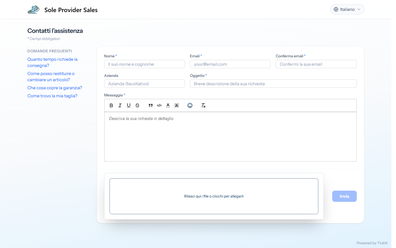 La pagina di assistenza di Sole Provider Sales: le domande frequenti a sinistra e un modulo con i campi nome, email, azienda, oggetto e messaggio e un'area di rilascio per gli allegati