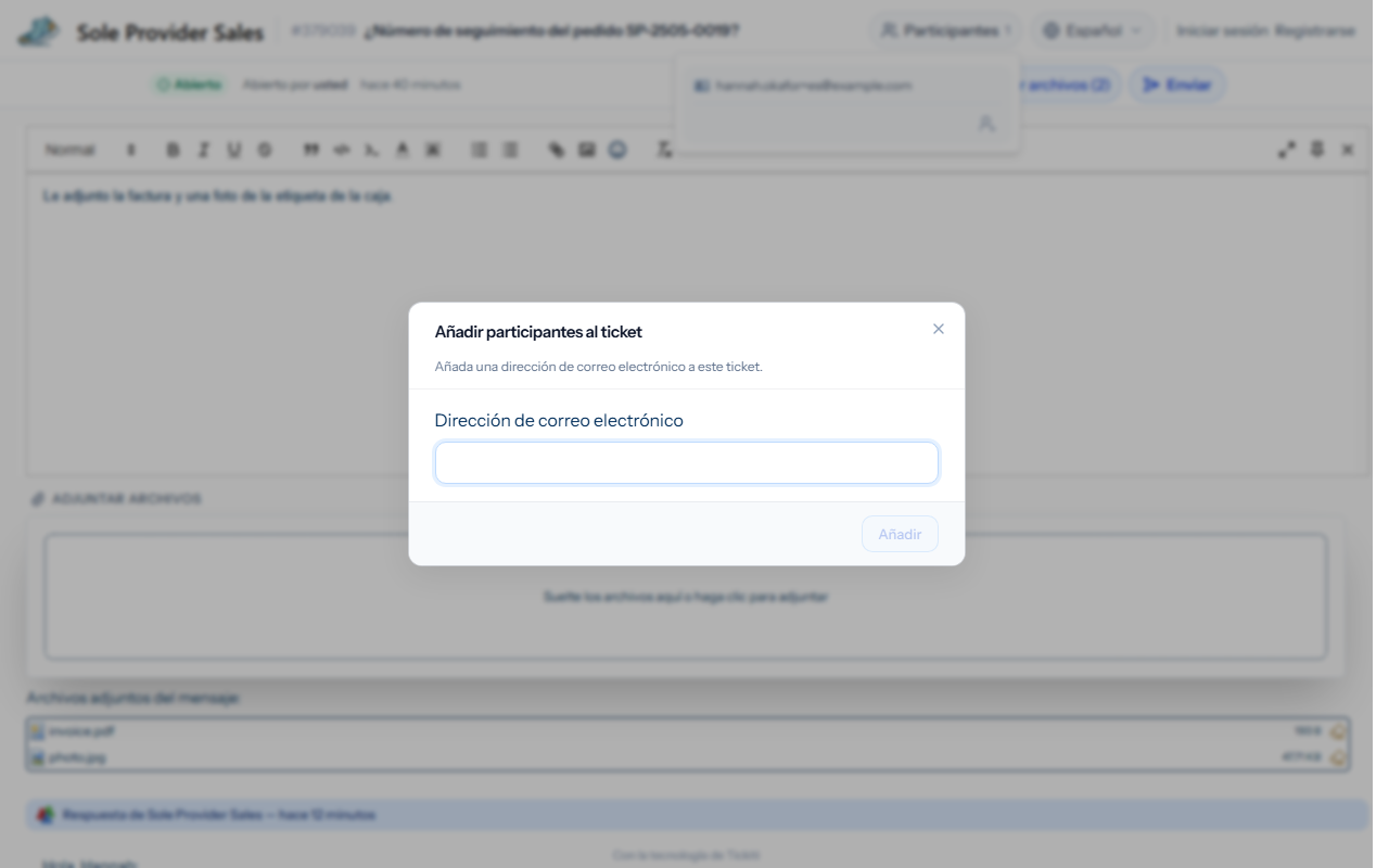 El cuadro de diálogo para añadir un participante al ticket, con un campo de dirección de correo electrónico